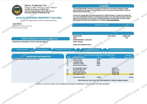 USA County of Orange California property tax bill template in Word and PDF format